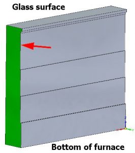 Shape of eroded wall after first simulation run, close to glass raw material inlet