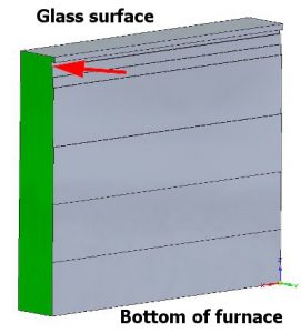 Shape of eroded wall after first simulation run, close to molten glass outlet