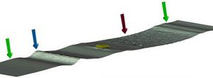 Blue arrow: location of wave generation, green arrow: attenuation zones, red arrow: free surface enters a coarser mesh zone