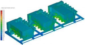 Distribution of heat transfer coefficient [W/m2K] on side and top surfaces of casting assembly