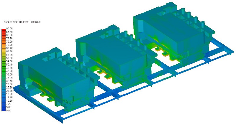 Distribution of heat transfer coefficient [W/m<sup>2</sup>K] on side and top surfaces of casting assembly