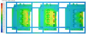 Distribution of heat transfer coefficient [W/m2K] on side and bottom surfaces of casting assembly