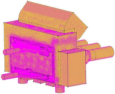 Back-left view of simulation mesh for optimised cylinder head cleaning CFD analysis