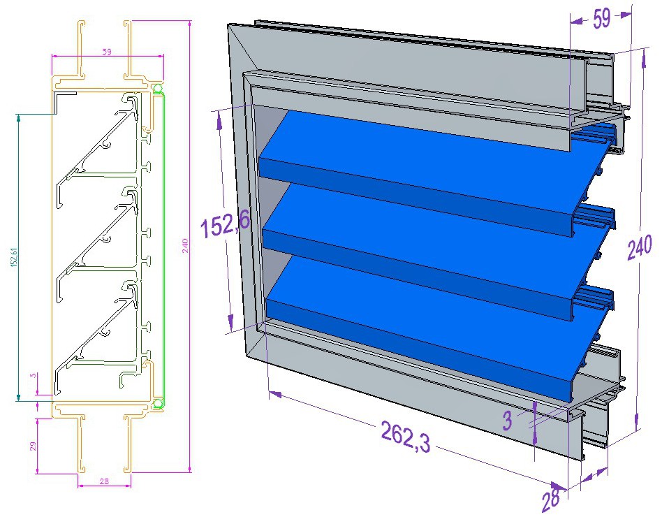 Louvre 2D drawing and 3D model shown from the entry side