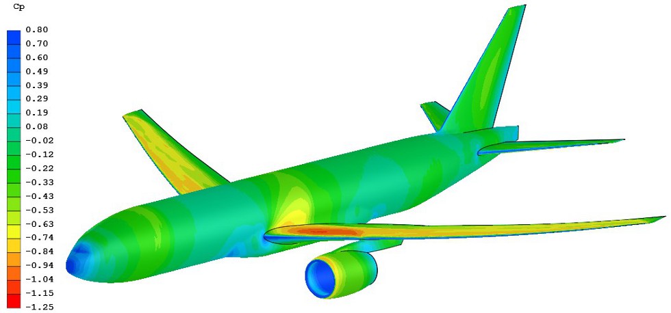 Aircraft aero load simulation on the full CRM, M=0.85, Re=5x10<sup>6</sup> , AoA=2°