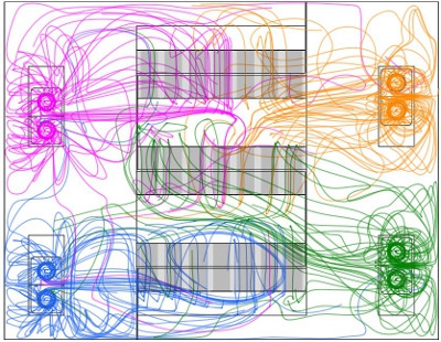 Streamlines in a data centre cooling simulation show what part of the data hall is supplied by which CRAH