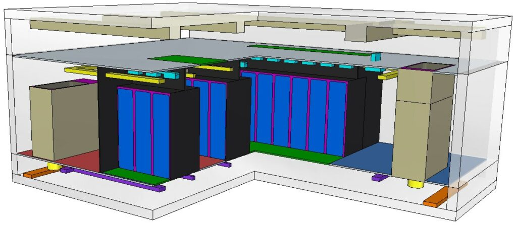 Cable trays and baskets in the floor void, boxed-in beams in the ceiling void