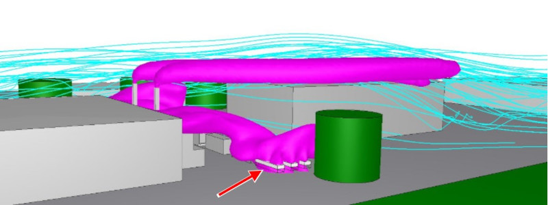 Shape of 35ºC air in purple for 11m/s SSE wind in the envoronmental cfd simulation
