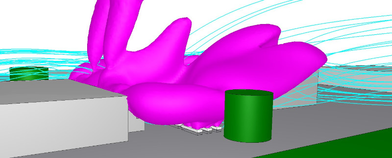 Shape of 35ºC air in purple for 1m/s SSE wind in the environmental CFD modelling