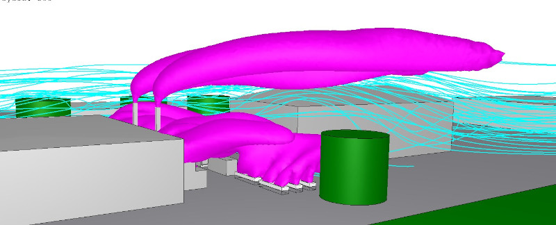 Shape of 35ºC air in purple for 5m/s SSE wind in the environmental cfd simulation