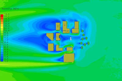 Wind velocity profile at 6m from ground level through the urban area